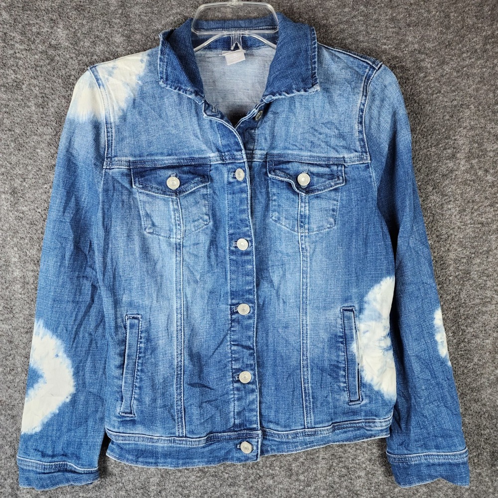 Chico's Denim Jacket Womens 4/6 Trucker Blue Tie Dye Bleach Stretch EUC